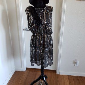 1920 Great Gasby complete outfit, dress, hat, gloves, shoes, feather headband